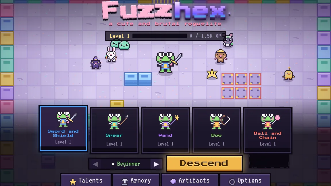 Fuzzhex title screen with five weapon choices